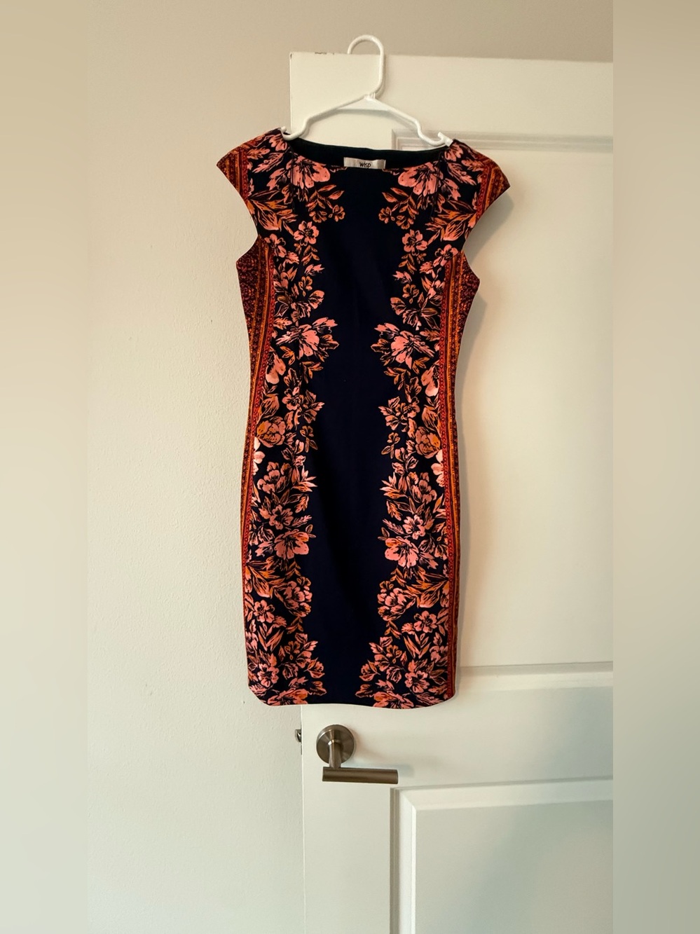 Wisp Floral Shift Bodycon Mini Dress Navy Orange Cap Sleeve Casual Chic❤️